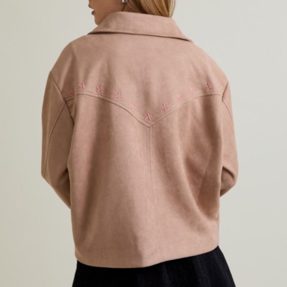 Le Lis Boutique Suede Jacket with Western Stitch Details-Tan & Pink Size Medium - Picture 9 of 11